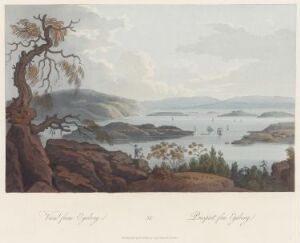  "Boydell's Picturesque Scenery of Norway" by John-William Edy, depicting a tranquil landscape with a cliff and a barren tree in the foreground, overlooking a calm fjord with islands amidst an overcast sky in muted earth tones.