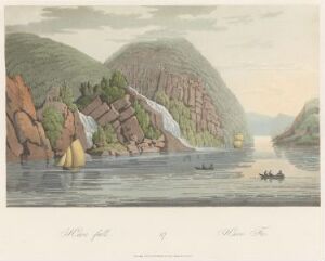  "Boydell's Picturesque Scenery of Norway" by John-William Edy portrays a tranquil Norwegian fjord with a large, central waterfall cascading between steep, green-brown cliffs under a softly lit sky, while boats with yellow sails and rowboats with figures navigate the calm blue-green waters.