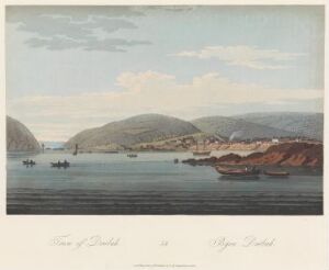  "Boydell's Picturesque Scenery of Norway," color aquatint on paper by John-William Edy, depicting a calm Norwegian coastal scene with boats on the water, a coastal village, and rolling hills in the background, executed in soft, harmonious colors.