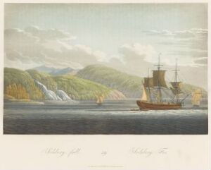  "Boydell's Picturesque Scenery of Norway" by John-William Edy is a color aquatint print portraying a serene Norwegian coastal scene with a sailing ship in calm waters, surrounded by lush green hills and dramatic waterfalls cascading into the fjord.