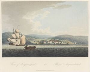  "Boydell's Picturesque Scenery of Norway," an aquatint print by John-William Edy, depicting a peaceful maritime scene with a sailing ship on cerulean waters, a line of earth-toned buildings on the shore, and verdant hills under a softly clouded sky.