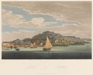  "Boydell's Picturesque Scenery of Norway" by John-William Edy, depicting a calm body of water with a single sailboat, a cluster of muted-colored buildings, and rolling hills with lush greenery in a tranquil Norwegian coastal landscape.