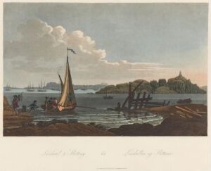  A color aquatint by John-William Edy titled "Boydell's Picturesque Scenery of Norway" depicting a serene coastal scene with a sailboat in the foreground, figures on the shore, and ships in the distance under a pastel sky