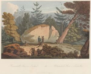  A print from "Boydell's Picturesque Scenery of Norway" by John-William Edy showcasing a serene Norwegian landscape featuring a large boulder, several trees in various shades of green, and two small human figures amidst scattered brown and amber-toned logs in the foreground under a soft blue sky.