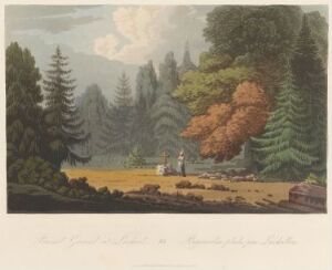  "Boydell's Picturesque Scenery of Norway" by John-William Edy, a color aquatint print on paper showing a tranquil Norwegian landscape scene with figures dressed in vibrant attire amidst lush greenery and rolling hills fading into a softly lit sky.