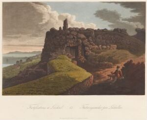  "Boydell's Picturesque Scenery of Norway" by John-William Edy is an aquatint on paper depicting a historic stone ruin atop a grass-covered hill with small figures by its entrance, overlooking a calm body of water with distant mountains and a pastel-colored dawn or dusk sky.