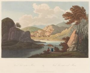  "Boydell's Picturesque Scenery of Norway" by John-William Edy, depicting a tranquil nature scene with a group of three people by the water's edge, a lush tree, and distant hills under a soft sky.