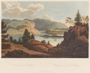  "Boydell's Picturesque Scenery of Norway" by John-William Edy; a romantic color aquatint showing a tranquil Norwegian landscape with earthy, rocky foreground, a blue calm river in the middle, gentle hills and mountains with green and blue hues in the distance under a soft blue and white sky.