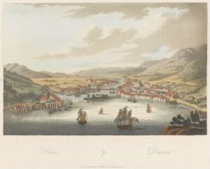  "Dram" by Johan Friedrich Leonhard Dreier is a serene, color aquatint landscape depicting a harbor with sailing boats in the foreground, a quaint town along the shore in the middle ground, and rolling hills in the background, all bathed in the gentle light of either sunrise or sunset.