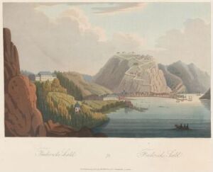  "Boydell's Picturesque Scenery of Norway" by Johan Friedrich Leonhard Dreier is a color aquatint on paper depicting a tranquil Norwegian landscape with reddish-brown cliffs on the left, a calm fjord in the middle with a small boat, a mountain in the background, a white house with a red roof amidst greenery on the right, and a pale blue sky with white clouds overhead.