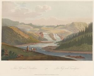  "Boydell's Picturesque Scenery of Norway" by John-William Edy is an 18th-century fine art print displaying a lush Norwegian valley with a river winding through it. Distant mountains fade into a pastel sky, while figures in the foreground provide scale and liveliness to the tranquil nature scene.