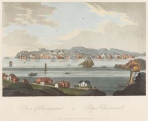  "Boydell's Picturesque Scenery of Norway" by John-William Edy, featuring a tranquil early morning or late evening view of a Norwegian harbor town with pastel-colored skies, warmly-toned buildings along the waterfront, dark rocky outcrops in the foreground, calm bluish-green waters with several boats, framed by a border with the title inscribed at the bottom.