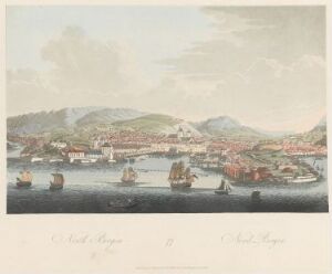  "Boydell's Picturesque Scenery of Norway," a fine art print by John-William Edy, featuring muted tones in a tranquil scene of a Norwegian port with sailing ships on the water, rolling hills in the background, and European-style buildings along the waterfront.