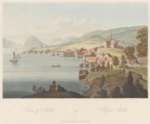  A color aquatint by John-William Edy titled "Boydell's Picturesque Scenery of Norway" illustrating a pastoral Norwegian landscape with a group of people in period clothing at the forefront, red-roofed buildings along a water's edge in the midground