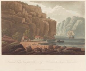  "Boydell's Picturesque Scenery of Norway" by John William Edy, depicting a calm fjord with rocky cliffs on the left, colored in hues of browns and greens. There's a humble burgundy-red wooden settlement at the cliff base