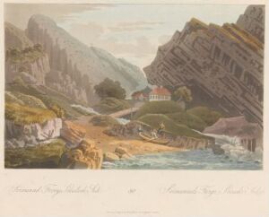  "Boydell's Picturesque Scenery of Norway" by John-William Edy is a fine art print featuring a tranquil Norwegian valley with a river and traditional buildings, flanked by towering cliffs, rendered in a soft palette of earth tones, blues, and subtle pinks and purples in the sky.