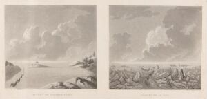  A black and white diptych by Anders Fredrik Skjöldebrand with the left panel featuring a peaceful seascape with a boat near the shore and a few islands in the distance under a cloudy sky, and the right panel showing a scene of broken sea ice with similarly clouded skies, all rendered in shades of grey.