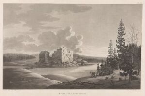  Monochrome print on paper titled "Kastelholma" by Anders Fredrik Skjöldebrand, portraying a serene landscape with the imposing Kastelholma Castle amidst trees and reflecting on a body of water, under a sky softly filled with clouds, all rendered in shades of grey.