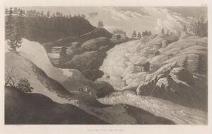  Monochrome etching titled "Kyröskoski" by Anders Fredrik Skjöldebrand, depicting a pastoral landscape with rugged terrain, a winding river, detailed rock formations, small houses, trees, and distant hills, all rendered in a grayscale palette.