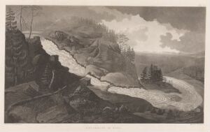  Black-and-white etching by Anders Fredrik Skjöldebrand titled "Kyröskoski," showcasing a dramatic landscape with rugged rocks on the left, a still body of water in the distance, and a dynamic, cloud-filled sky, all rendered with a rich variety of grays, emphasizing texture and natural beauty.