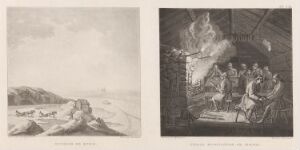  A composite image of two etchings by artist Anders Fredrik Skjöldebrand. On the left, a tranquil river landscape named "Kyrönjoki" with a soft skyline and gentle water ripples. On the right, a cozy interior scene titled "pörte," depicting a group of people in a rustic cabin, lit by the