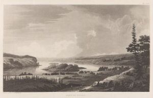  "Oulujoki" – A monochrome etching and aquatint on paper by Anders Fredrik Skjöldebrand, depicting a tranquil river landscape with a dominant conifer on the right foreground, gentle slopes with sparse vegetation, a river replete with islands, and a dynamic sky filled with clouds, all rendered in detailed shades of grey.