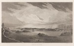  Black and white etching titled "Kemijoki" by Anders Fredrik Skjöldebrand, depicting the grand Kemijoki river landscape with detailed rock formations, a dramatic waterfall in the background, and a dynamic sky filled with clouds, all rendered in shades of gray.