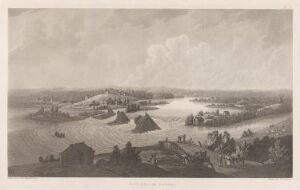  A vintage monochromatic fine art print titled "Kaakamajoki" by Anders Fredrik Skjöldebrand, showcasing a bucolic landscape with detailed trees and buildings in the foreground, a winding river or lake in the center, dotted with landforms and surrounded by gentle hills in the background, all under a softly clouded sky rendered in shades of gray.