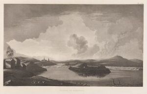  "Karungi kirke" - a monochromatic etching by Anders Fredrik Skjöldebrand featuring a tranquil landscape with a calm body of water, a church on a peninsula, rolling hills in the background, and a dynamic cloudy sky, all rendered in various shades of gray.