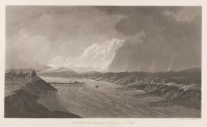  "Kukkolankoski," a monochromatic fine art etching by Anders Fredrik Skjöldebrand, depicting a sweeping landscape with a flowing river in the foreground, surrounded by a broad valley with distant ridges and a dramatic, cloud-filled sky above.