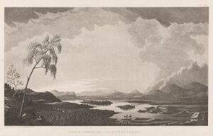  "Tornionjoki," a monochromatic etching by Anders Fredrik Skjöldebrand, depicting a calm river landscape with a detailed plant in the foreground, small boats on the water, hills on the horizon, and a sky with expressive clouds.