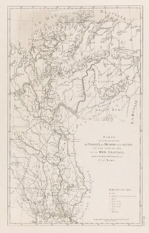  An antique monochromatic map, "Kart over Tornionjoki, Muonionjoki og Altaelva, samt en del av Nordishavet" etched and aquatinted on paper by Anders Fredrik Skjöldebrand, showing detailed cartography of Scandinavian rivers and a part of the Arctic Ocean with intricate line work and textual annotations.