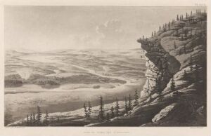  "Utsikt mot nordøst fra Aavasaksa" - a fine art etching by Anders Fredrik Skjöldebrand, depicting a panoramic view from a hill with a cliff and pine trees in the foreground overlooking a sweeping river or lake and rolling hills in the background, executed in various shades of gray to suggest depth and texture.