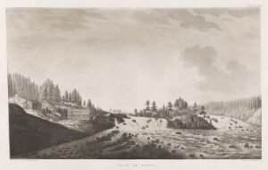  Monochrome etching titled "Kengis bruk" by Anders Fredrik Skjöldebrand, depicting a serene landscape with a large building in the center flanked by gently sloping hills and sparse vegetation under a sky with billowing clouds,