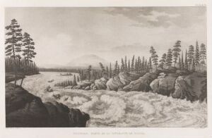  Black-and-white etching titled "Elvestryk ved Muonio" by artist Anders Fredrik Skjöldebrand, depicting a turbulent river flowing through a rugged landscape with rocks and tall coniferous trees, under a broad sky with soft cloud-like strokes.