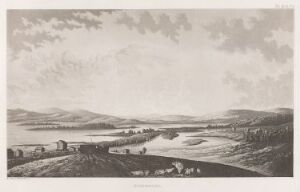  "Muonio" by Anders Fredrik Skjöldebrand, an etching and aquatint on paper showing a calm landscape with figures and livestock in the foreground, a winding river in the middle distance, and rolling hills or low mountains in the background, all rendered in shades of black, white, and gray.