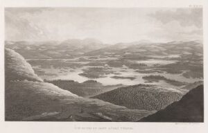  Black and white etching titled "Utsikt mot sør fra Keimiötunturi" by Anders Fredrik Skjöldebrand, showcasing a panoramic view from a mountain with textured foreground hills, a pattern of lakes in the middle, and a soft horizon of mountains in the distance, all rendered in grayscale.