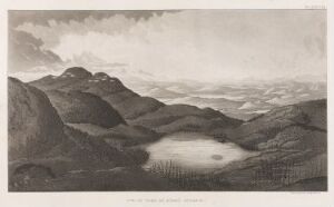  Etching by Anders Fredrik Skjöldebrand titled "Utsikt mot nord fra Keimiötunturi" portrays a tranquil, monochromatic landscape of hills and valleys with a central lake, executed in shades of black and white, showcasing a mastery of light, shadow, and atmospheric perspective.