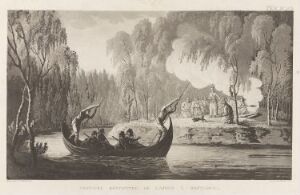  A black and white etching titled "Første møte med samene i Rastajoki" by Anders Fredrik Skjöldebrand, depicting a calm river with a traditional Sami boat at the shore, surrounded by tall trees, with smoke rising from a distant settlement amid forested hills.