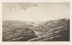 
 Monochromatic etching named "Kautokeino" by Anders Fredrik Skjöldebrand, depicting a serene, rolling landscape with hills, a winding river, and a cloudy sky, rendered in grayscale to convey depth and atmosphere.