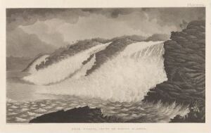  "Pikefossen i Kautokeinoelva" by Anders Fredrik Skjöldebrand, a monochromatic etching and aquatint on paper portraying a powerful waterfall over a rocky ledge, with dynamic white water contrasted against dark textured rocks and a soft grey sky.