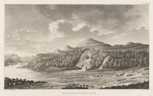  Monochrome etching titled "Kautokeinoelva ved Masi" by Anders Fredrik Skjöldebrand, depicting a tranquil landscape with a flowing river in the foreground, a flat riverbank in the midground, and a range of mountains in the background under a gradient gray sky.