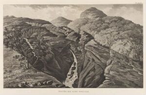  A black and white fine art print by Anders Fredrik Skjöldebrand titled "Bestigelse av 'de nordlige alper'", depicting a detailed and textured mountain landscape with a winding valley, done in etching and aquatint on paper, utilizing a monochromatic palette to convey depth and rugged terrain.