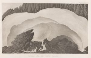  Monochromatic etching titled "Liten isbre på Bæskades" by Anders Fredrik Skjöldebrand, depicting a small glacier flanked by dark rocky cliffs under an overcast sky, executed in shades of gray on paper using line etching and aquatint techniques.