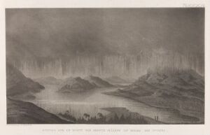  "Utsyn fra toppen av Bæskades i tåke" by Anders Fredrik Skjöldebrand is a monochromatic etching depicting a foggy, layered landscape with a body of water surrounded by gentle hills, rendered in shades of gray that convey a tranquil and atmospheric scene on paper.