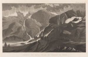  "Nedstigning fra Bæskades gjennom tåke" by Anders Fredrik Skjöldebrand, a black and white etching of a mountainous landscape with shadowed cliffs in the foreground, cascading waterfalls, and distant peaks shrouded in mist.