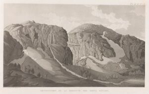  A monochromatic etching by Anders Fredrik Skjöldebrand entitled "Videre nedstigning fra Bæskades," featuring a rugged mountain landscape rendered in various shades of gray, with detailed line work depicting the rough terrain and shadowing suggesting directional light from the right.