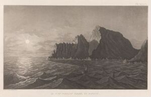  Black and white etching titled "Nordkapp i midnattssol" by Anders Fredrik Skjöldebrand depicting a midnight sun above a calm sea with rugged cliffs rising from the water. The artwork captures the tranquility and ethereal light of an Arctic summer night in grayscale tones.