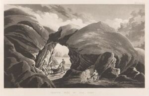  "Grotte ved Nordkapp," an etching and aquatint print by Anders Fredrik Skjöldebrand, showing a dark, imposing rock arch over a small boat on water, with graded skies suggesting depth and natural grandeur.