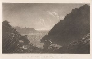  "Bukt og fjell ved Nordkapp" by Anders Fredrik Skjöldebrand, an etching depicting a gray-scale landscape with dark, craggy rock formations framing a bay leading to an open sea, under a light sky with soft clouds.